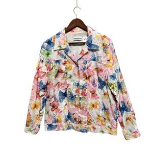 Women's Lined Jacket Size 16 Button Up Long Sleeve Pastel Colorful Butterfly Top